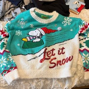 Peanuts Snoopy Let It Snow Sweater - Teal, White, Red